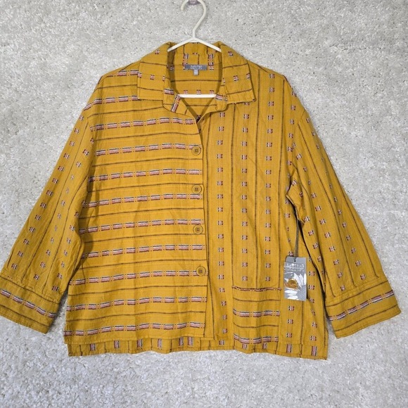 Habitat Clothes Top Womens Medium Yellow Button Up Long Sleeve Geometric - Picture 1 of 14